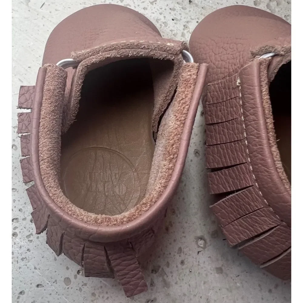 Olive & Annie Handmade Leather Infant Moccasins With Fringe Brown Sz 2 Baby Shoe